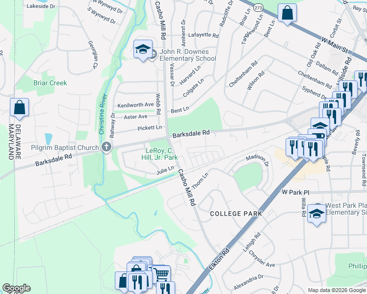 map of restaurants, bars, coffee shops, grocery stores, and more near 15 Saw Mill Court in Newark