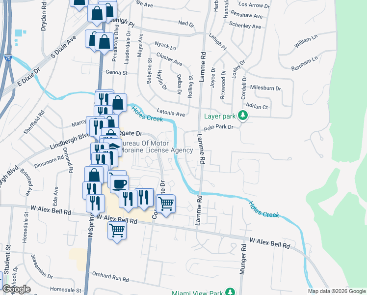 map of restaurants, bars, coffee shops, grocery stores, and more near 5155 Belle Isle Drive in Dayton