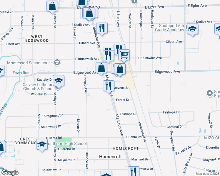 map of restaurants, bars, coffee shops, grocery stores, and more near 6099 Madison Avenue in Indianapolis