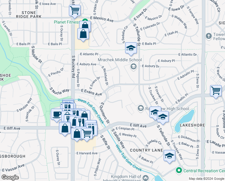 map of restaurants, bars, coffee shops, grocery stores, and more near 2104 South Richfield Way in Aurora