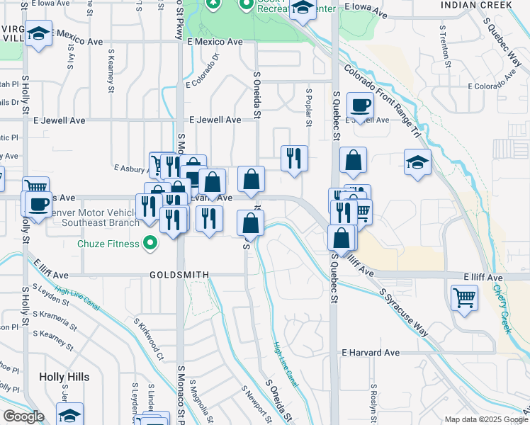 map of restaurants, bars, coffee shops, grocery stores, and more near 6900 East Evans Avenue in Denver