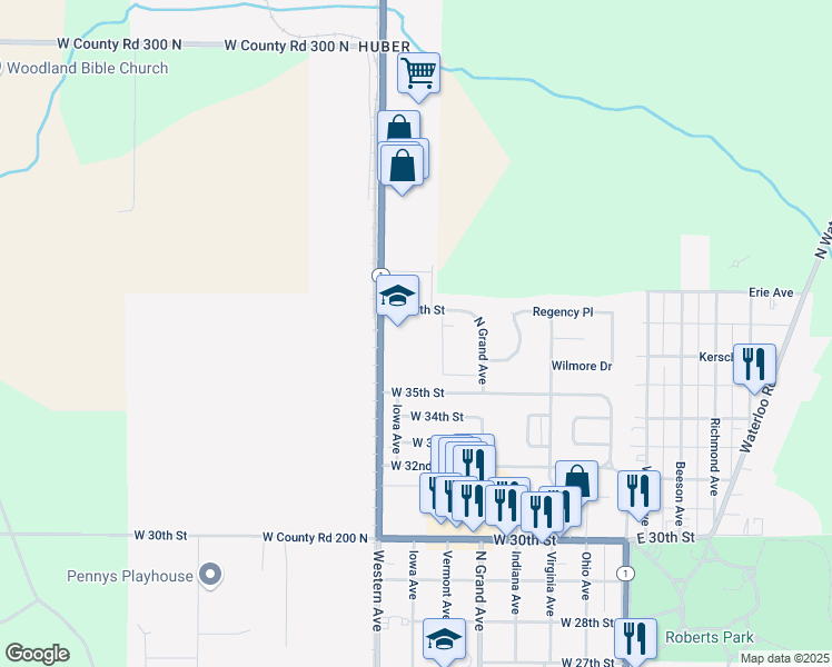 map of restaurants, bars, coffee shops, grocery stores, and more near 3674 Western Avenue in Connersville