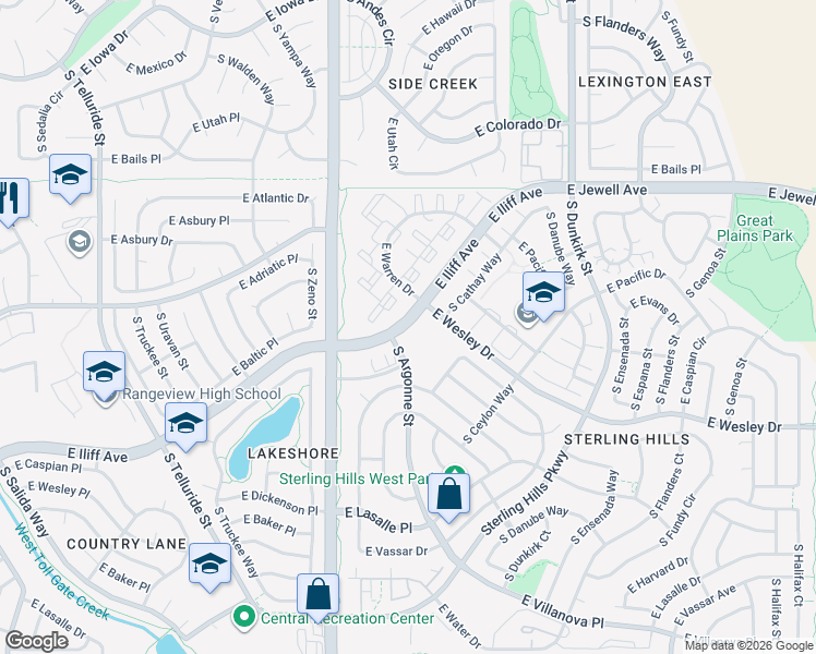 map of restaurants, bars, coffee shops, grocery stores, and more near 18800 East Iliff Avenue in Aurora
