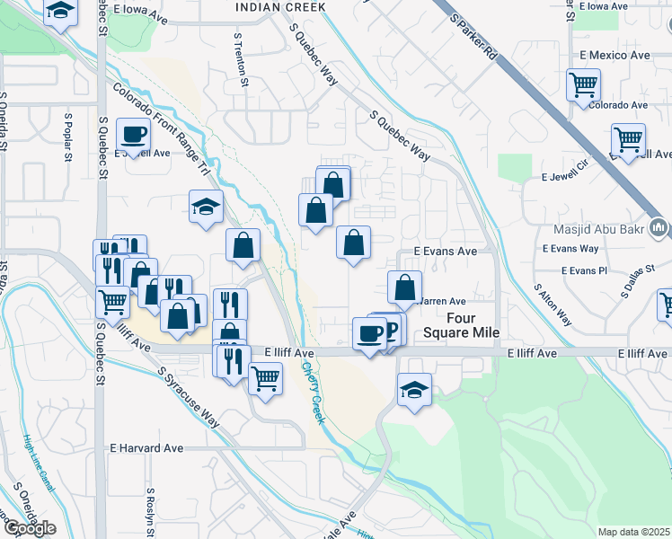 map of restaurants, bars, coffee shops, grocery stores, and more near 2115-2125 South Valentia Street in Denver