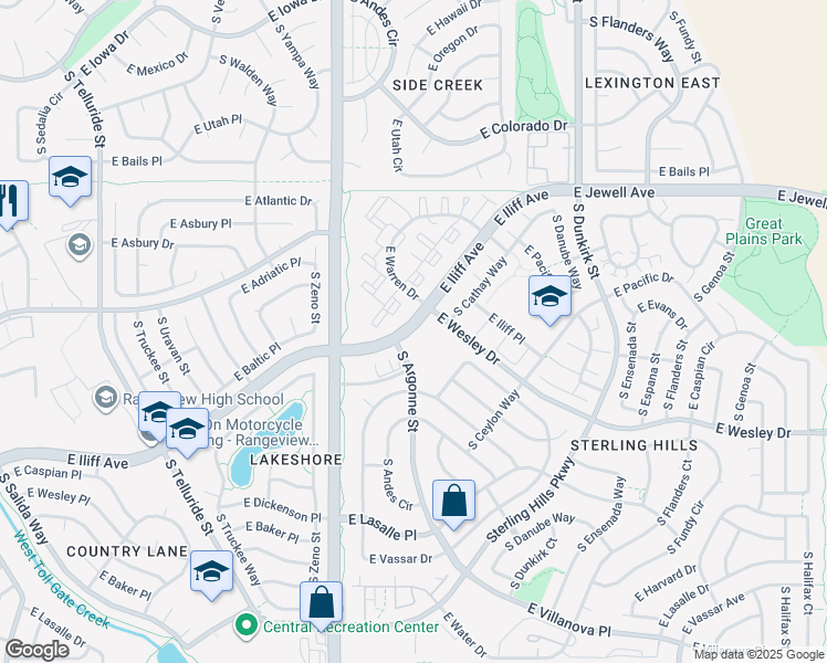 map of restaurants, bars, coffee shops, grocery stores, and more near 18800 East Iliff Avenue in Aurora