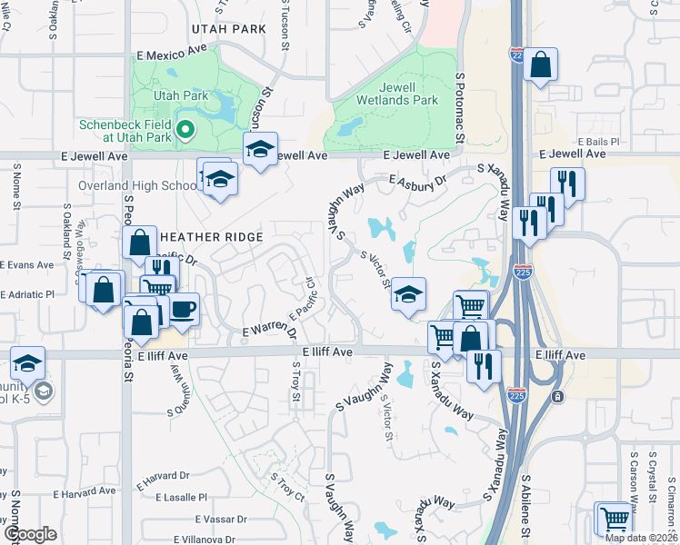 map of restaurants, bars, coffee shops, grocery stores, and more near 2130 South Vaughn Way in Aurora