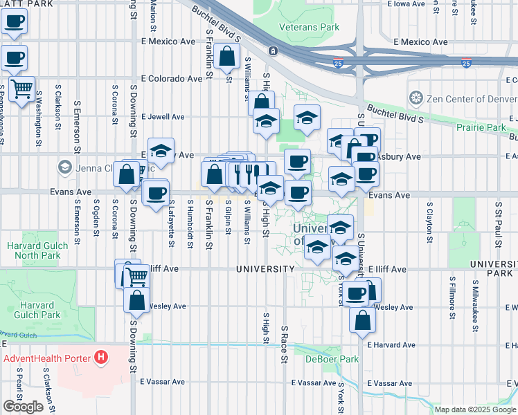 map of restaurants, bars, coffee shops, grocery stores, and more near in Denver