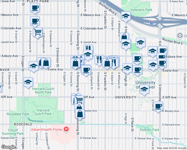 map of restaurants, bars, coffee shops, grocery stores, and more near 2129 South Lafayette Street in Denver