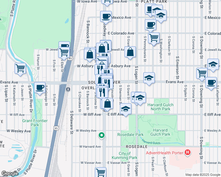 map of restaurants, bars, coffee shops, grocery stores, and more near 2125 South Lincoln Street in Denver