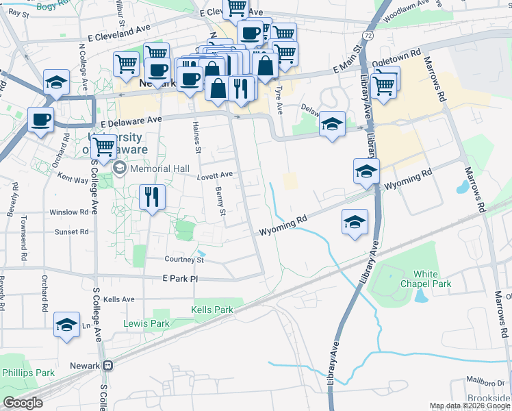 map of restaurants, bars, coffee shops, grocery stores, and more near 170 South Chapel Street in Newark