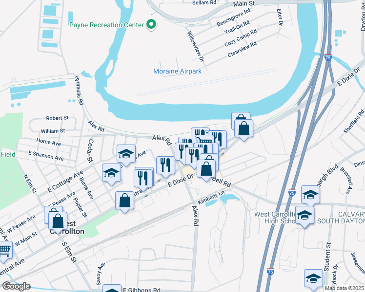 map of restaurants, bars, coffee shops, grocery stores, and more near Bowman Ln in West Carrollton