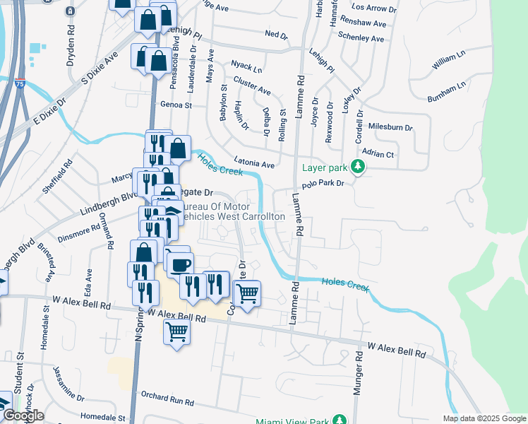 map of restaurants, bars, coffee shops, grocery stores, and more near 5157 Belle Isle Drive in Dayton