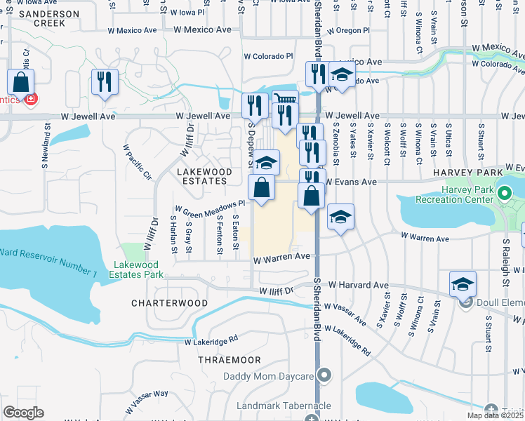 map of restaurants, bars, coffee shops, grocery stores, and more near 2155 South Sheridan Boulevard in Denver