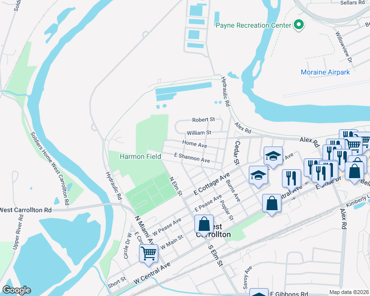 map of restaurants, bars, coffee shops, grocery stores, and more near 575 North Locust Street in Dayton