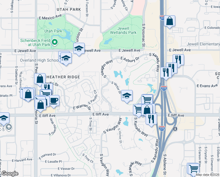 map of restaurants, bars, coffee shops, grocery stores, and more near 2130 South Vaughn Way in Aurora