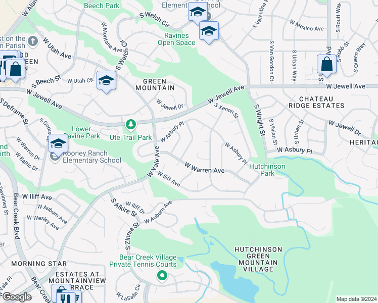 map of restaurants, bars, coffee shops, grocery stores, and more near 2152 South Yank Way in Lakewood