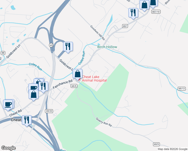 map of restaurants, bars, coffee shops, grocery stores, and more near 402 Twin Knobs Drive in Morgantown