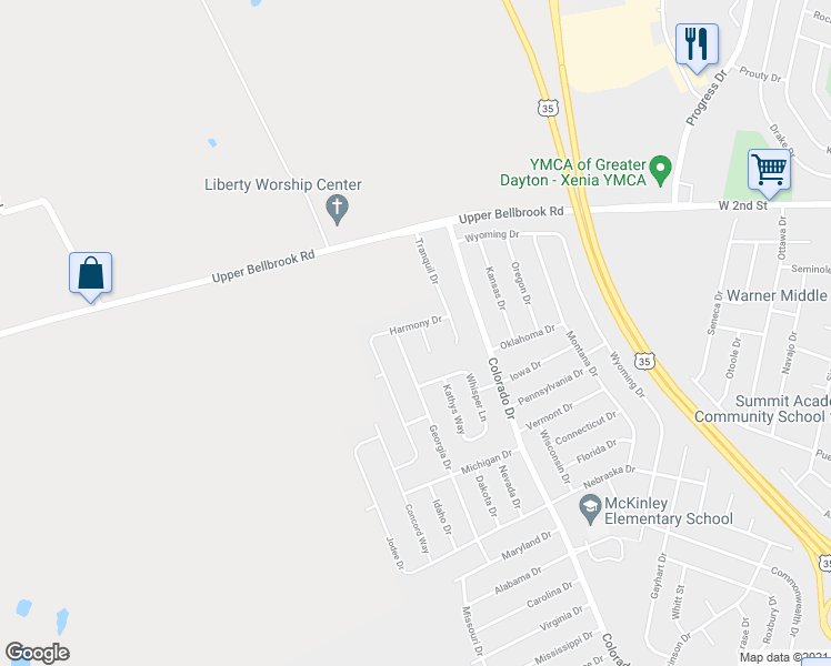 map of restaurants, bars, coffee shops, grocery stores, and more near 296 Placid Court in Xenia
