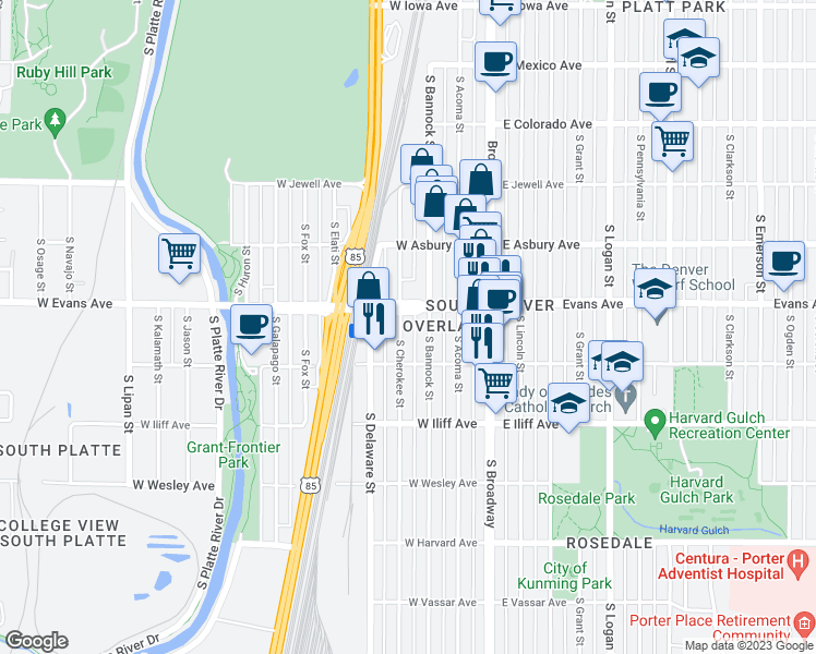 map of restaurants, bars, coffee shops, grocery stores, and more near 2130 South Cherokee Street in Denver