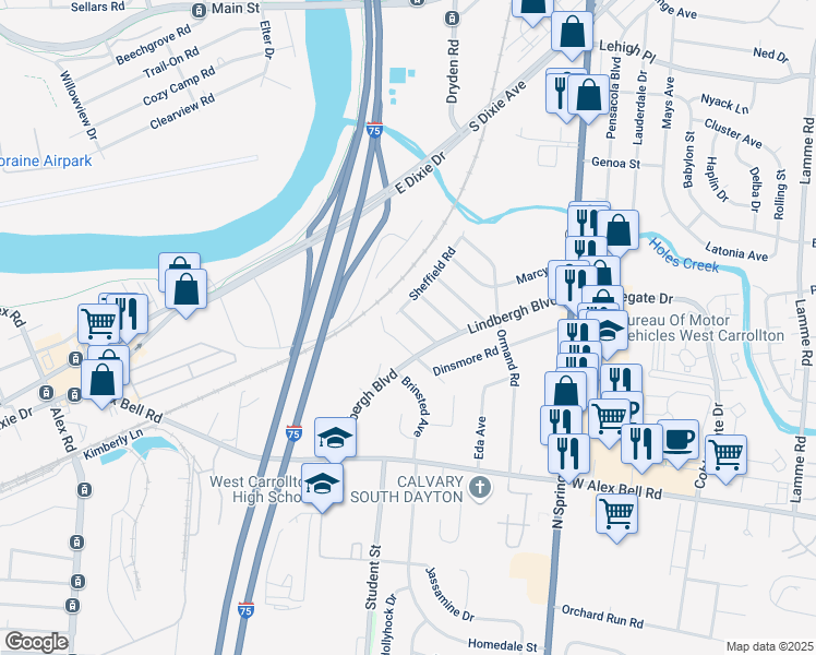 map of restaurants, bars, coffee shops, grocery stores, and more near 5518 Beavon Avenue in Dayton