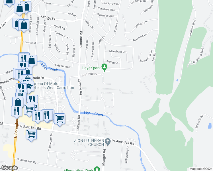 map of restaurants, bars, coffee shops, grocery stores, and more near 2236 Polo Park Drive in Dayton