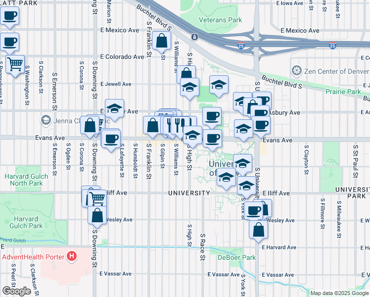 map of restaurants, bars, coffee shops, grocery stores, and more near in Denver