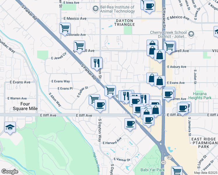 map of restaurants, bars, coffee shops, grocery stores, and more near 2073 South Dayton Court in Denver