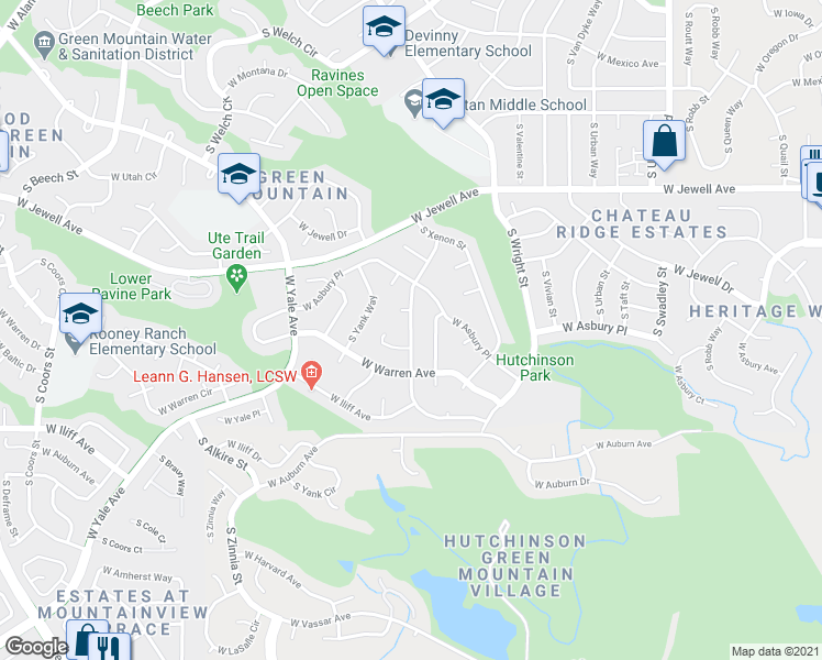 map of restaurants, bars, coffee shops, grocery stores, and more near 2098 S Youngfield St in Denver