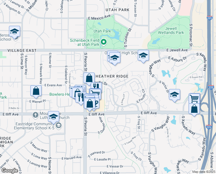 map of restaurants, bars, coffee shops, grocery stores, and more near 2104 South Racine Way in Aurora