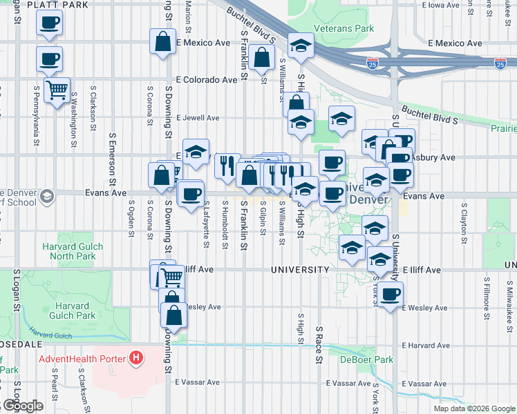map of restaurants, bars, coffee shops, grocery stores, and more near 2112 South Franklin Street in Denver