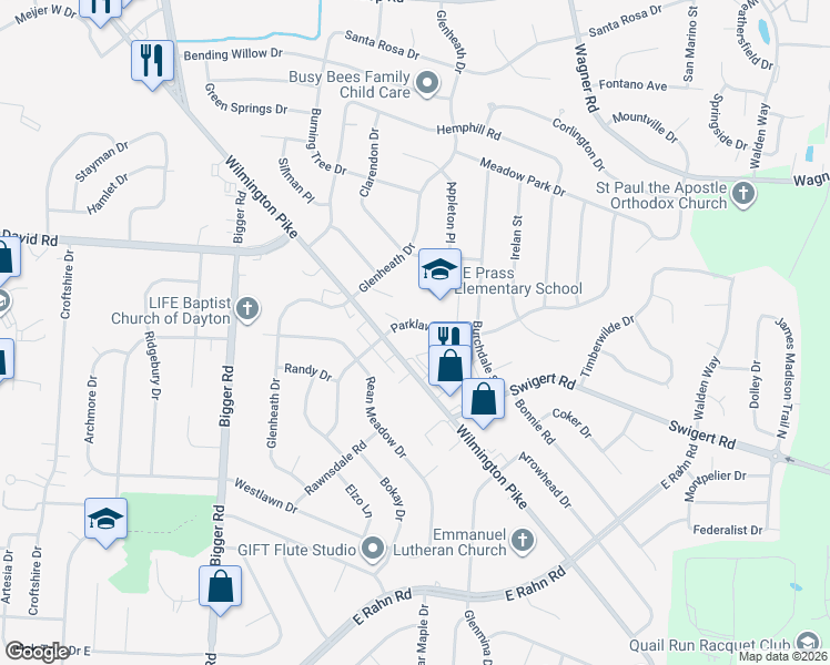 map of restaurants, bars, coffee shops, grocery stores, and more near 2600 Parklawn Drive in Dayton