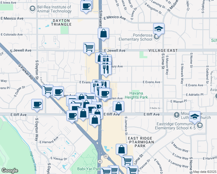 map of restaurants, bars, coffee shops, grocery stores, and more near 2150 South Havana Street in Aurora