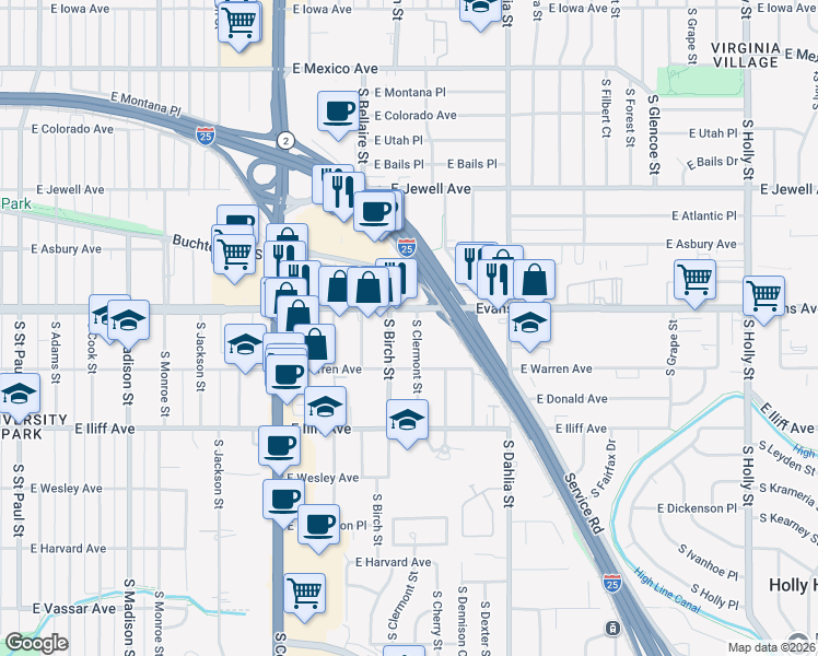 map of restaurants, bars, coffee shops, grocery stores, and more near in Denver