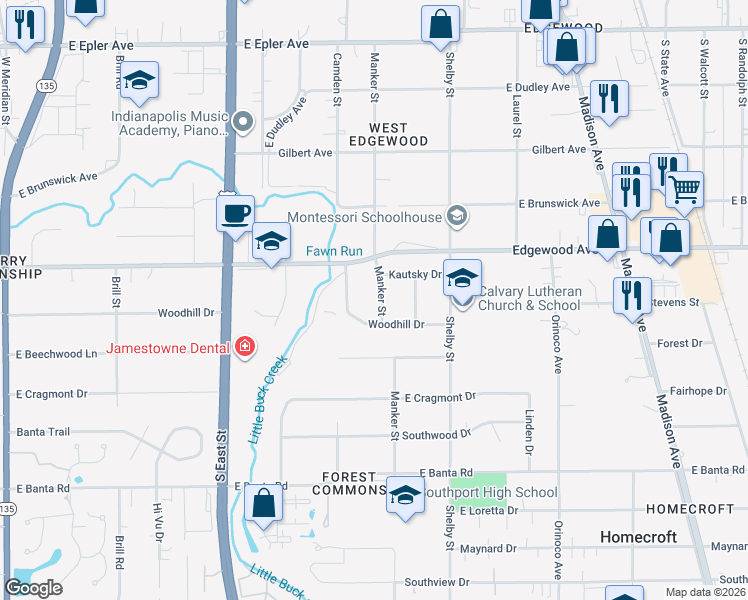 map of restaurants, bars, coffee shops, grocery stores, and more near 6051 Manker Street in Indianapolis
