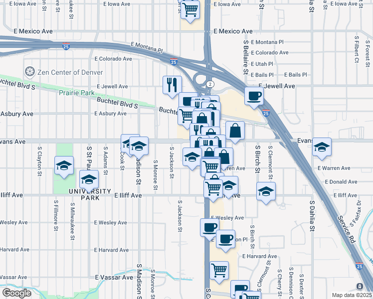 map of restaurants, bars, coffee shops, grocery stores, and more near 3900 East Evans Avenue in Denver