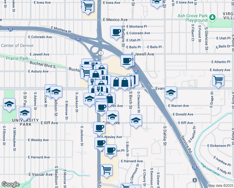 map of restaurants, bars, coffee shops, grocery stores, and more near 2120 South Ash Street in Denver