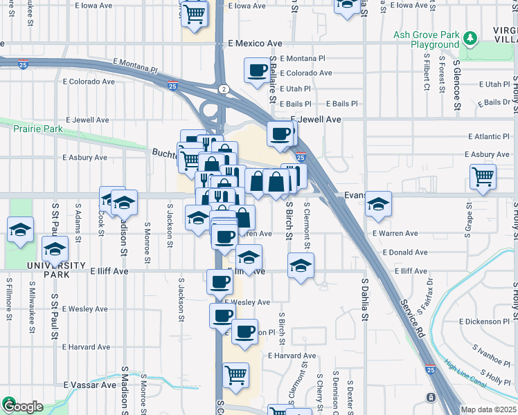 map of restaurants, bars, coffee shops, grocery stores, and more near 2120 South Ash Street in Denver