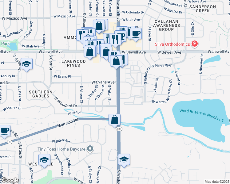 map of restaurants, bars, coffee shops, grocery stores, and more near 2117 South Wadsworth Boulevard in Lakewood