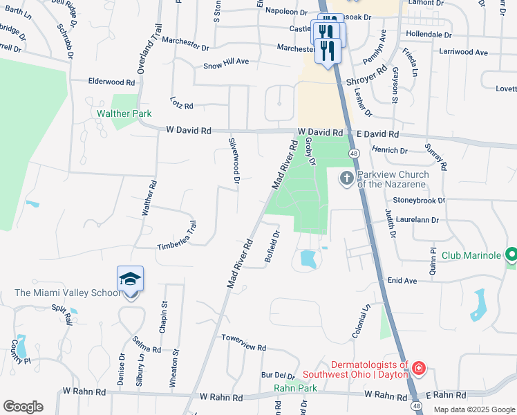 map of restaurants, bars, coffee shops, grocery stores, and more near 200 Old Church Court in Dayton