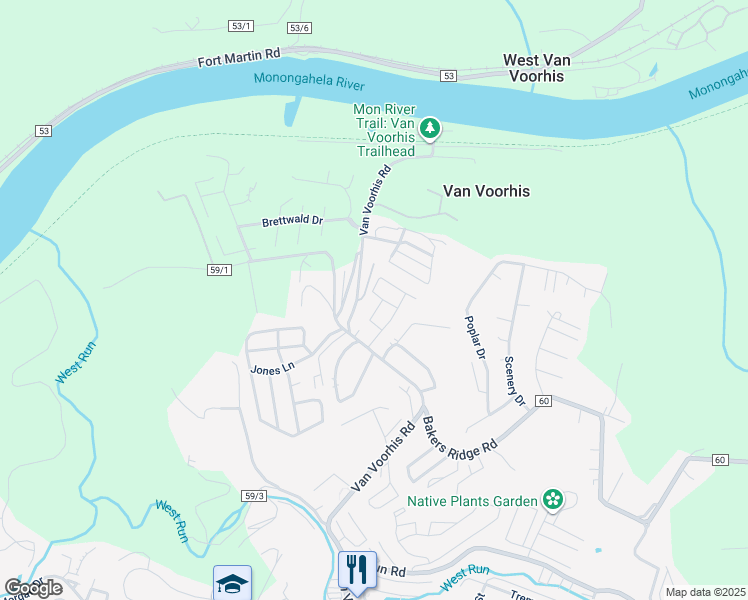 map of restaurants, bars, coffee shops, grocery stores, and more near 152 Mountaineer Village in Morgantown