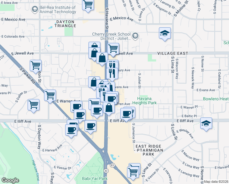 map of restaurants, bars, coffee shops, grocery stores, and more near 2150 South Havana Street in Aurora