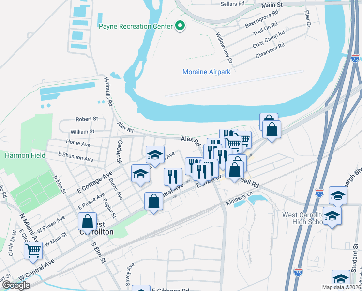 map of restaurants, bars, coffee shops, grocery stores, and more near 260 Stadium Avenue in Dayton