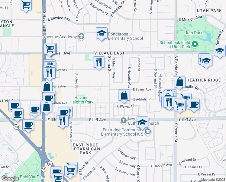 map of restaurants, bars, coffee shops, grocery stores, and more near 11338 East Evans Avenue in Aurora