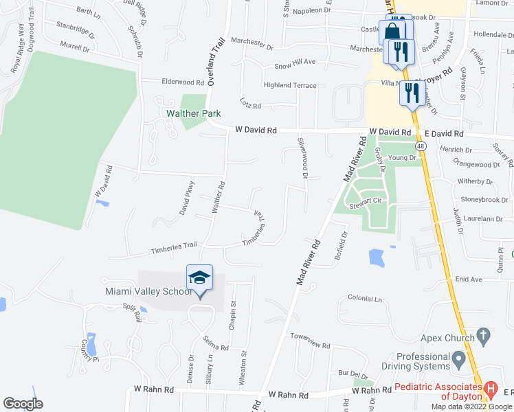 map of restaurants, bars, coffee shops, grocery stores, and more near 422 Timberlea Trail in Dayton