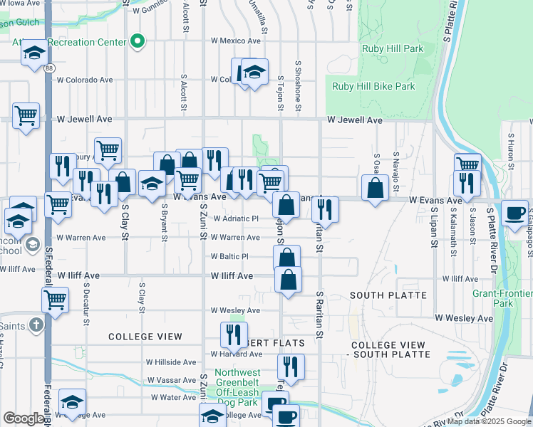 map of restaurants, bars, coffee shops, grocery stores, and more near 2075 West Adriatic Place in Englewood
