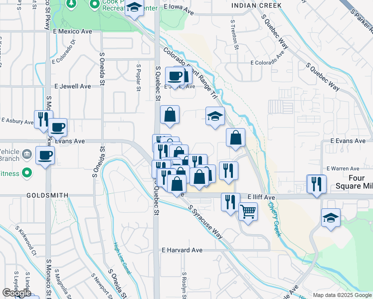 map of restaurants, bars, coffee shops, grocery stores, and more near 7515 East Warren Drive in Denver