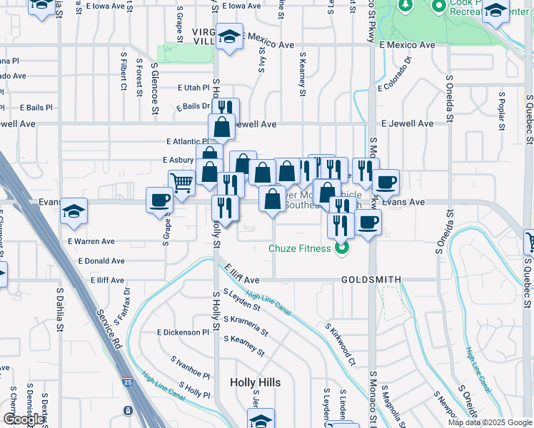 map of restaurants, bars, coffee shops, grocery stores, and more near 5862 East Evans Avenue in Denver