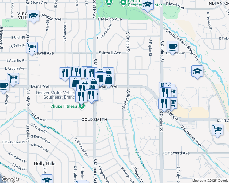 map of restaurants, bars, coffee shops, grocery stores, and more near 2150 South Monaco Parkway in Denver