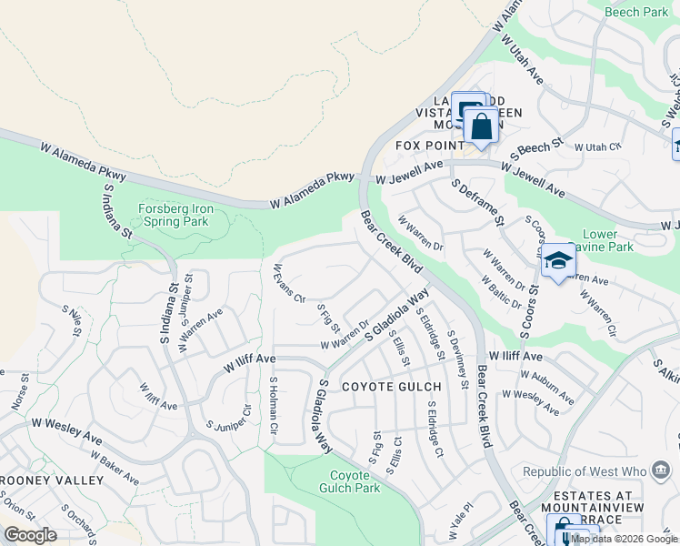 map of restaurants, bars, coffee shops, grocery stores, and more near 2139 South Ellis Court in Lakewood