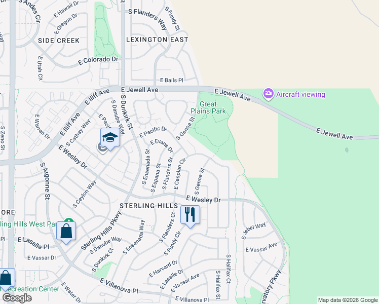 map of restaurants, bars, coffee shops, grocery stores, and more near 19717 East Caspian Circle in Aurora